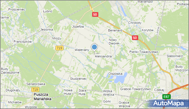 mapa Aleksandria, Aleksandria gmina Puszcza Mariańska na mapie Targeo